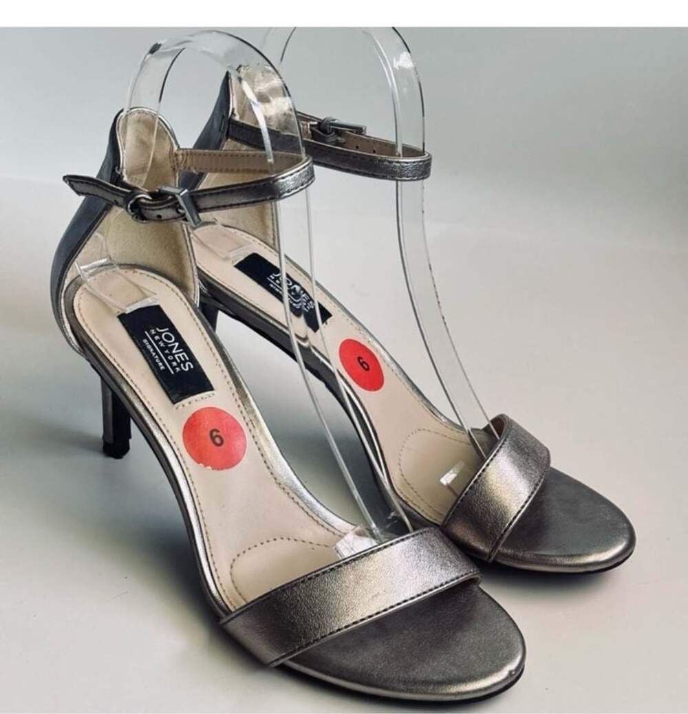 Jones New York Signature Metallic Silver Open Toe Stiletto Ankle Strap Sandals